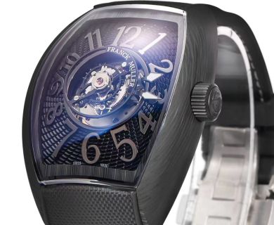 Franck Muller Cintrée Curvex Skeleton Tourbillon Black and Gold DLC Leather Strap