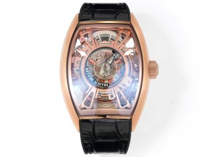 Franck Muller Cintrée Curvex Skeleton Tourbillon Black and Gold DLC Leather Strap