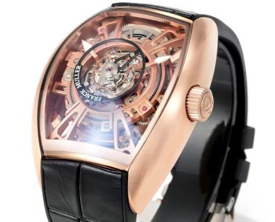 Franck Muller Cintrée Curvex Skeleton Tourbillon Black and Gold DLC Leather Strap
