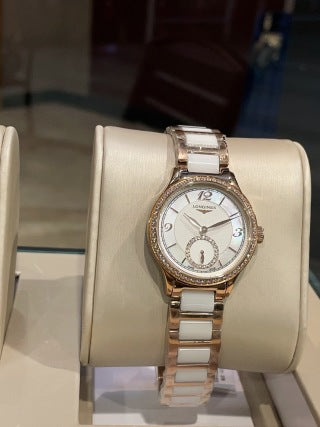 Longines Conquest Ladies Diamond Bezel Small Seconds White Ceramic Bracelet Watch