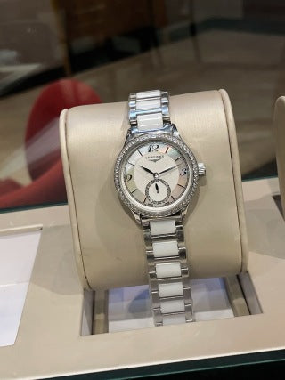 Longines Conquest Ladies Diamond Bezel Small Seconds White Ceramic Bracelet Watch