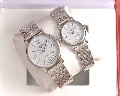 Longines Elegant Automatic Couple Watch, Silver Dial Brown Alligator Strap Stainless Steel