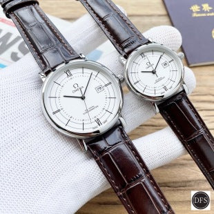 Longines Elegant Automatic Couple Watch, Silver Dial Brown Alligator Strap Stainless Steel