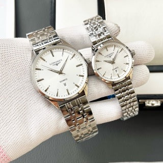 Longines Elegant Automatic Couple Watch, Silver Dial Brown Alligator Strap Stainless Steel